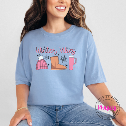 Washed Denim tee featuring winter essentials with snowflakes and sparkles.
