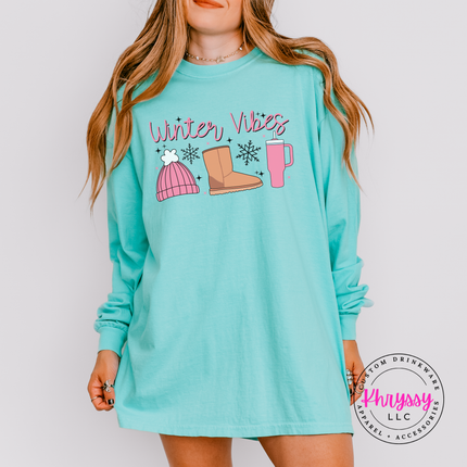 Cozy Winter Vibes beanie, boot and tumbler design on a Chalky Mint long sleeve tee.