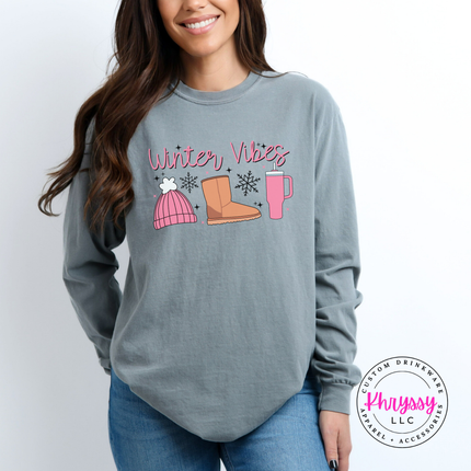 Gray long sleeve tee featuring winter essentials with snowflakes and sparkles.