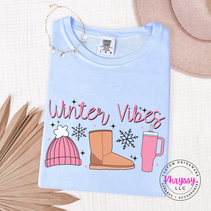 Close up of the Winter Vibes script and snowflakes on a Hydrangea long sleeve tee.