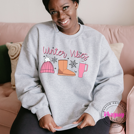 Winter Vibes cozy beanie and boots crewneck sweatshirt in Sport Grey