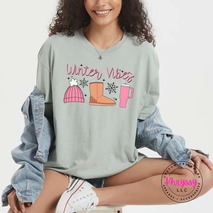 Bay tee with Winter Vibes script, beanie, boot and tumbler.