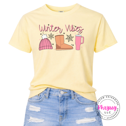 Cozy Winter Vibes beanie, boot and tumbler design on a Butter tee.