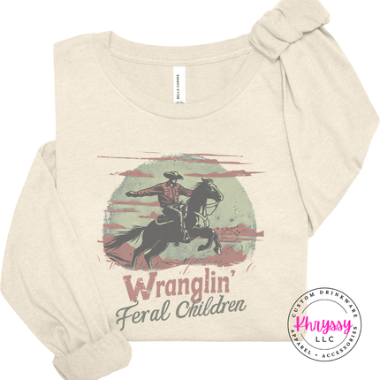 Heather natural tee with funny western feral children lettering.