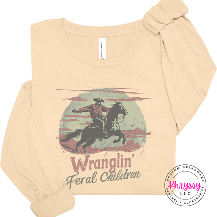 Soft cream tee with a western feral children humor print.