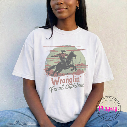 White cotton tee with a western feral children humor print.