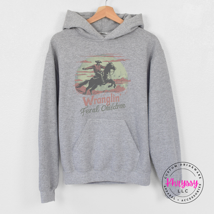 Ash gray hoodie with a vintage Wranglin Feral Children design.