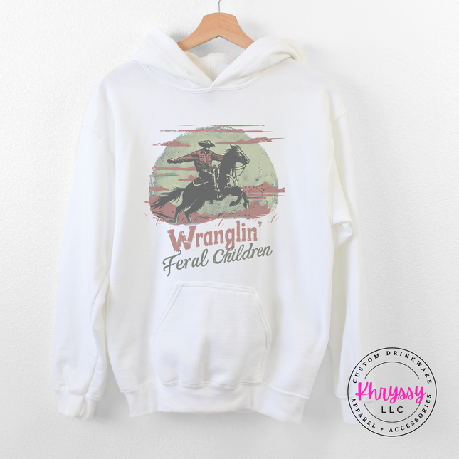 White cozy hoodie with a western feral children humor print.
