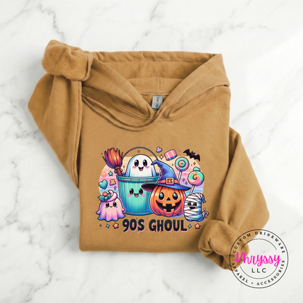 Old Gold heavyweight hoodie styled for fall with a pastel trick-or-treat design.