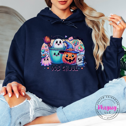 Navy hoodie with the 90s Ghoul retro Halloween graphic