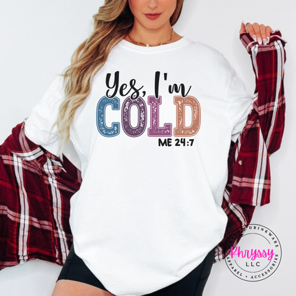 Flat lay of the Yes I'm Cold Christmas tee in White.