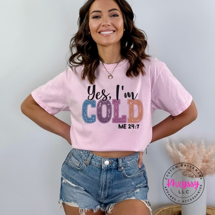 Blossom tee featuring Yes I'm Cold lettering and sparkly letters.