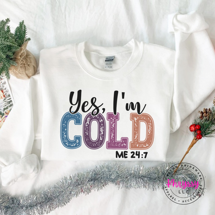 Model wearing the Yes I'm Cold crewneck sweatshirt in White.