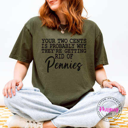 Sage Comfort Colors tee featuring the funny Your Two Cents Pennies punchline, front view.