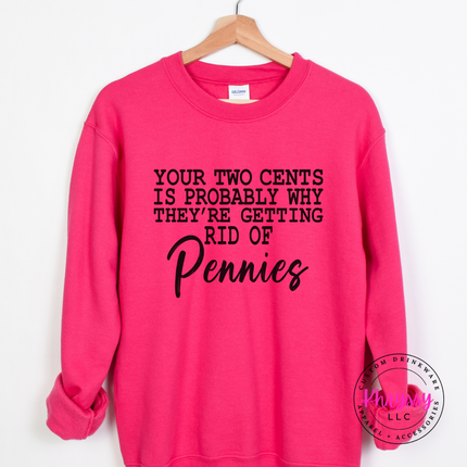 Flat lay of a Heliconia crewneck sweatshirt with a dry humor pennies graphic.