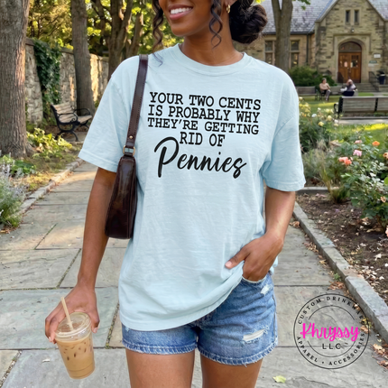 Flat lay of a Chambray Comfort Colors tee with a dry humor pennies graphic.