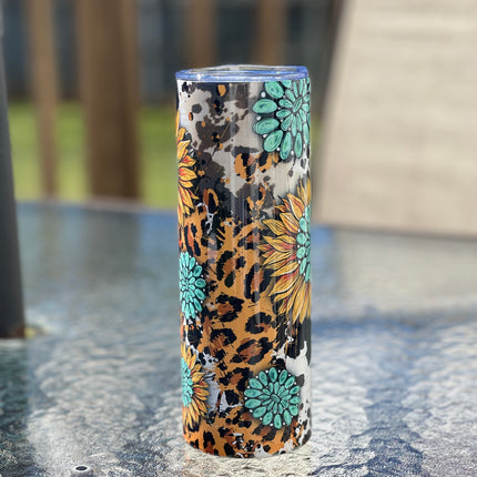 Sunflowers and Cowhide 20oz Tumbler with Straw